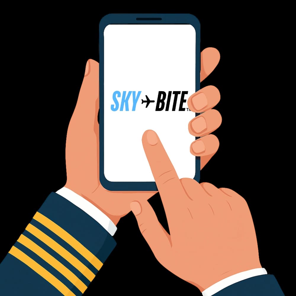cartoon of a pilot ordering a meal in the Sky Bite app