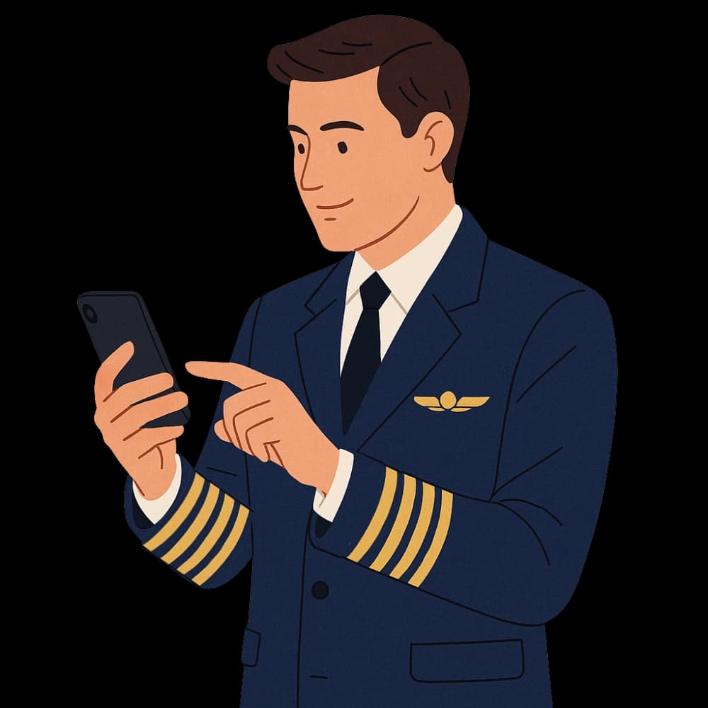 Cartoon image of a pilot selecting a flight in the Sky Bite app